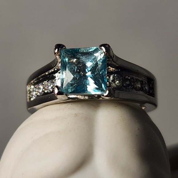 VTG 18K 925 Natural Square Princess Cut Swiss Blue Clean Thick Band Ring Sz 5 - Picture 8 of 16
